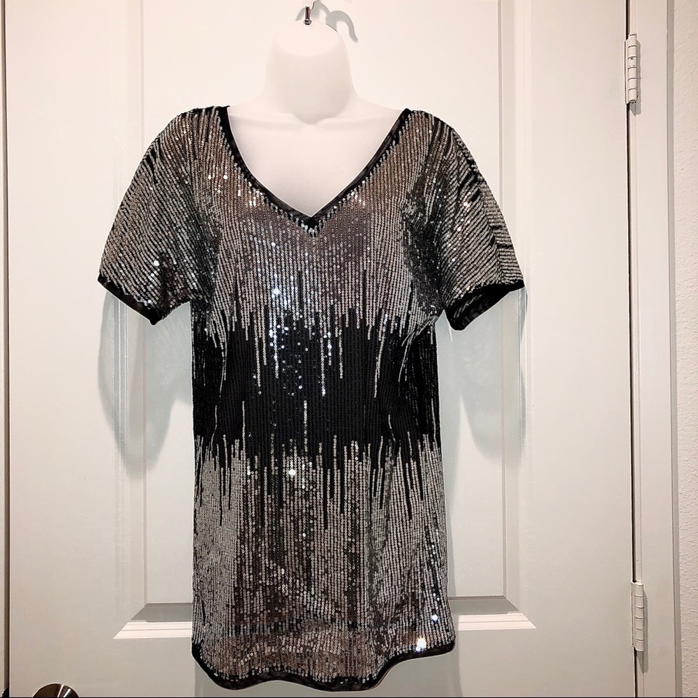 Marciano Black Silver Gold Sequin Sheer Tunic
